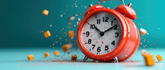 A red alarm clock surrounded by colorful cubes, suggesting urgency and time management.