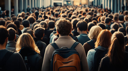 Diverse crowd navigating a bustling city street, surrounded by towering buildings, capturing the essence of urban life and daily commute in a metropolitan center