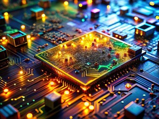 Obraz premium Microscopic PCB details showcased in a high-resolution long-exposure image; a technological background of electronic components.