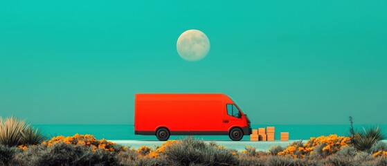 A red delivery van parked by the ocean under a large moon, surrounded by boxes and plants.