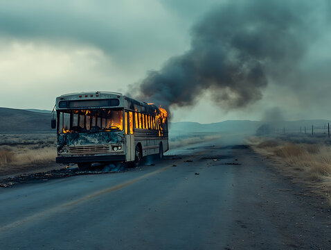 A burning bus on a deserted road, smoke drifting into the distance