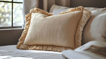 Stylish decorative pillow on cozy bed modern bedroom home decor warm atmosphere close-up comfort