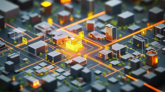 A zoomedin section of an urban map where microfactories come to life via graphic icons surrounded by labeled streets highlighting their roles in fostering local economies.