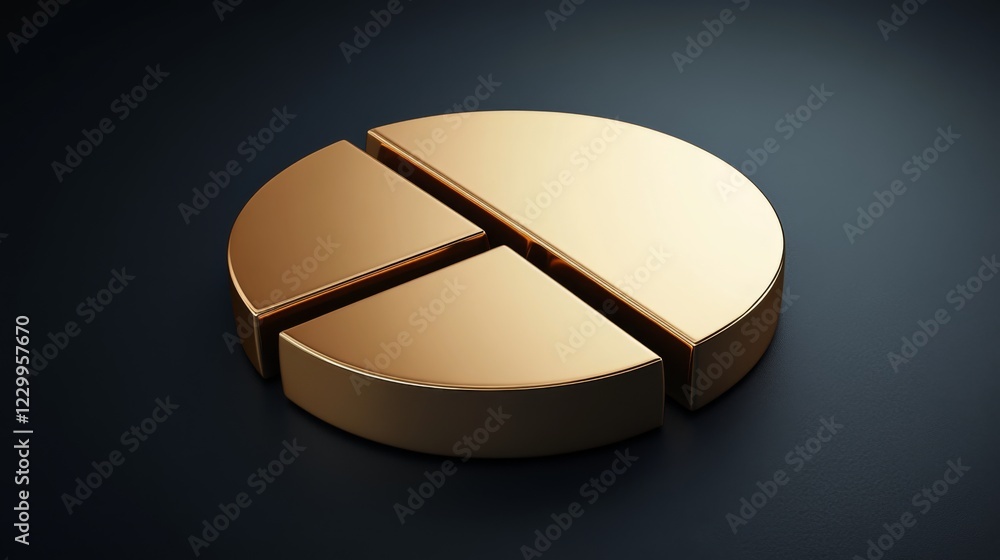 Poster a golden pie chart with sleek metallic segments, set on a dark gradient background, representing inv