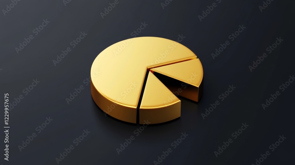 Poster a golden pie chart with sleek metallic segments, set on a dark gradient background, representing inv