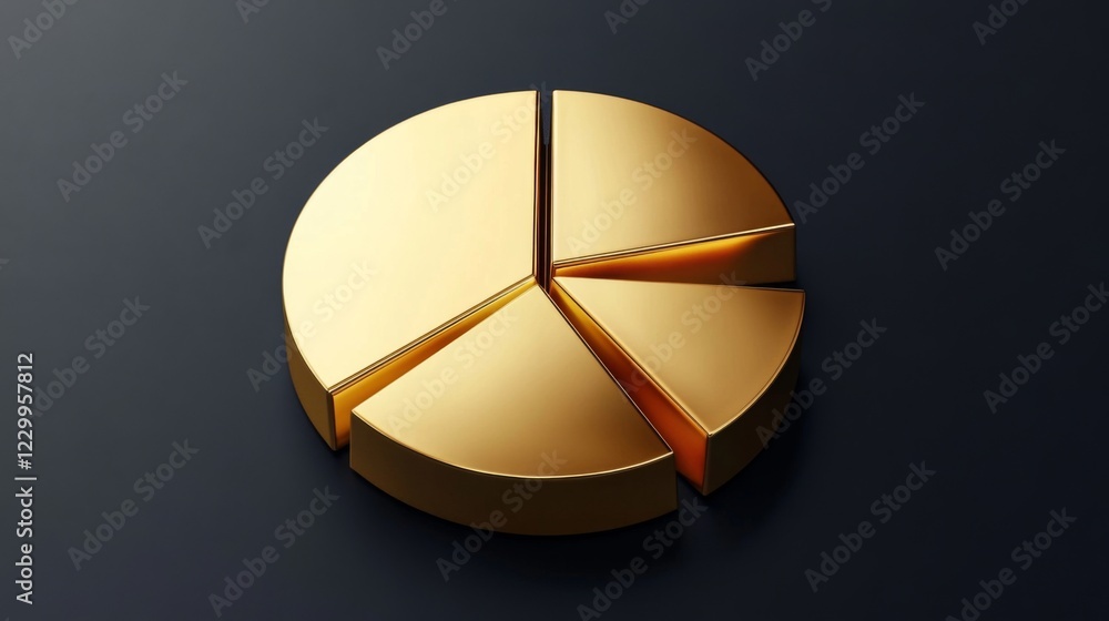 Poster a golden pie chart with sleek metallic segments, set on a dark gradient background, representing inv