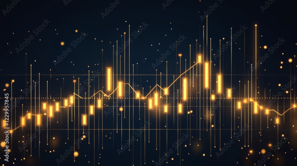 Poster a gold price line graph with a golden upward trend line, set against a dark background with glowing 