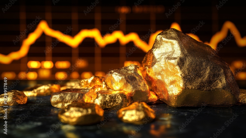 Poster a gold price line graph with a golden upward trend line, set against a dark background with glowing 