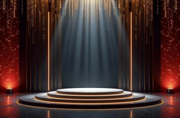  Dramatic stage set with a sleek black platform that shimmers with subtle reflections, elevated by a series of steps leading up to a majestic golden throne-like structure, all bathed in warm, golden l