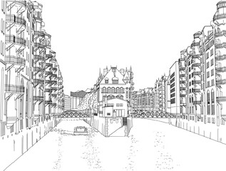 Wasserschloss in Speicherstadt, Hamburg, Line Art