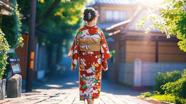 Traditional Japanese woman in a kimono walking down a quiet street with warm sunset lighting.