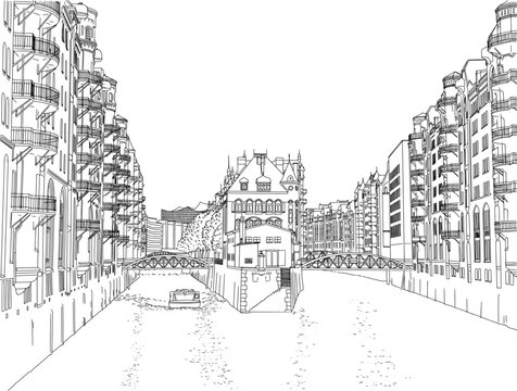 Wasserschloss in Speicherstadt, Hamburg, Line Art