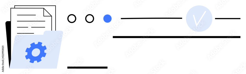 Poster documents stored in a folder with a gear icon, three progress indicators, and a checkmark symbol. id