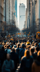 Diverse crowd navigating a bustling city street, surrounded by towering buildings, capturing the essence of urban life and daily commute in a metropolitan center