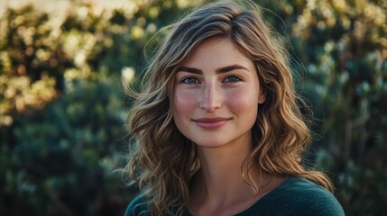 Naklejka premium A graceful shot of a woman with wavy hair cascading over her shoulder, with a soft smile that radiates warmth and approachability in a natural environment