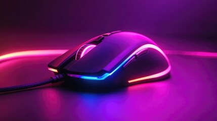 A high-performance gaming mouse with RGB lighting on a neon purple background.