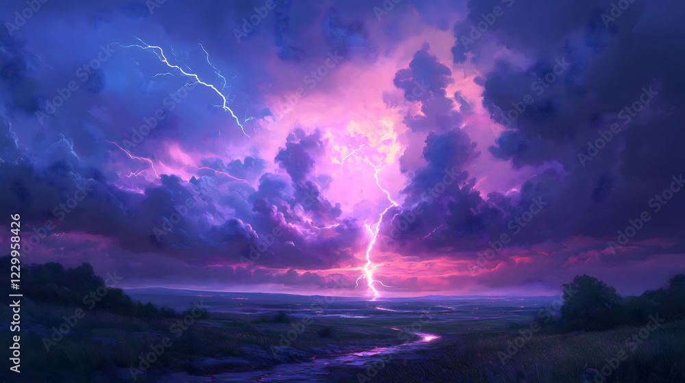 Poster electrifying storm illuminates serene landscape at twilight with vibrant clouds and striking lightni