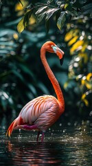 Fototapeta premium HD Phone Wallpaper Pink Flamingo in Lush Tropical Foliage Water Reflection Exotic Bird