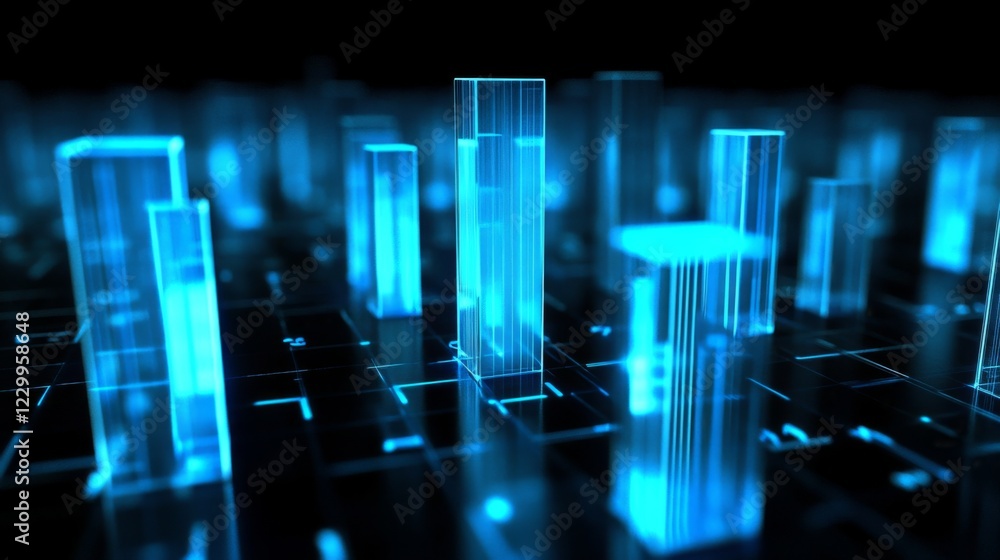 Aufkleber A high-tech D bar graph with glowing blue bars and digital numbers floating around them, symbolizing complex financial data and analysis.