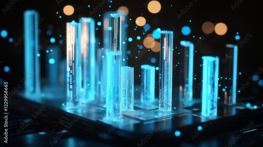 Aufkleber A high-tech D bar graph with glowing blue bars and digital numbers floating around them, symbolizing complex financial data and analysis.
