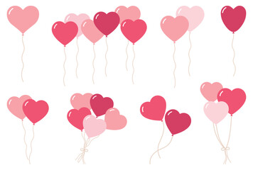 Pink balloon heart. Hearts of balloons in flat style. Bunch of balloons for love, birthday and party design. Balloons collection for Valentine day, Mother's day, Women's Day. Flying ballon with rope