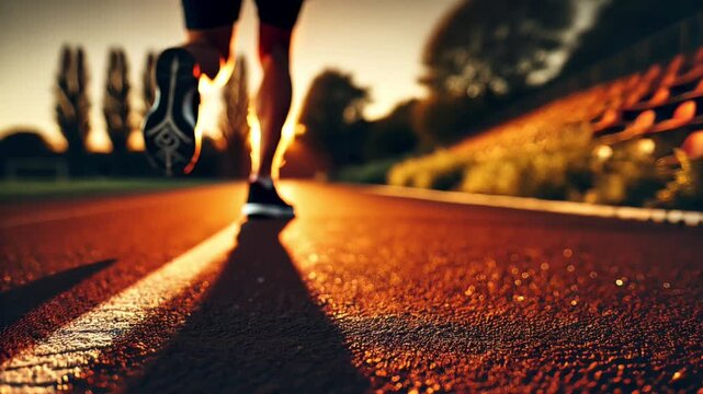 Slow-motion close-up of running shoes on a track, highlighting motion and athleticism.

