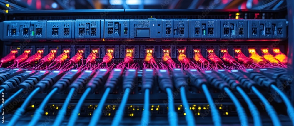 Poster server with multiple cables connected and a red indicator light illuminated on the front panel