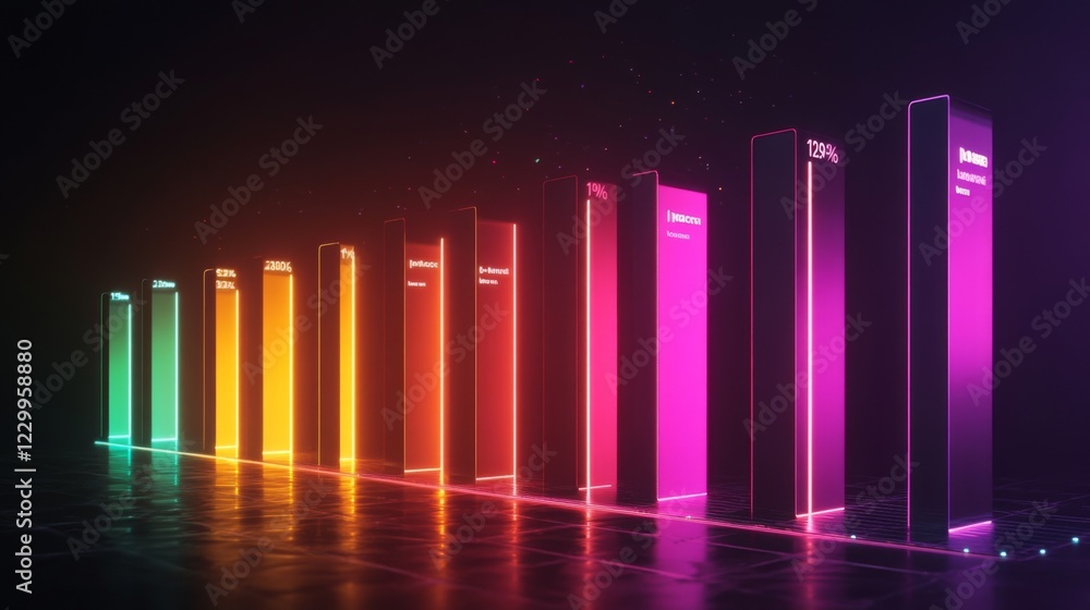Aufkleber a high-tech bar chart featuring glowing neon bars, representing financial trends, set against a dark