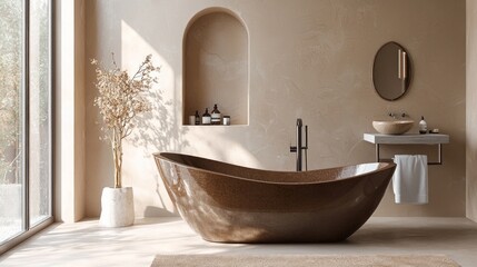 Step into a luxurious bathroom where warm Mocha Mousse hues blend with natural elements. A soothing oasis awaits, offering relaxation with a stylish freestanding tub and minimalistic decor