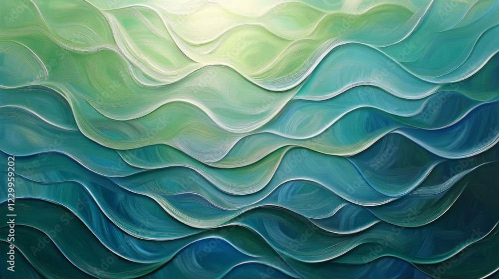 Poster a layered abstract background with soft waves of green and blue tones, creating a tranquil, ocean-in