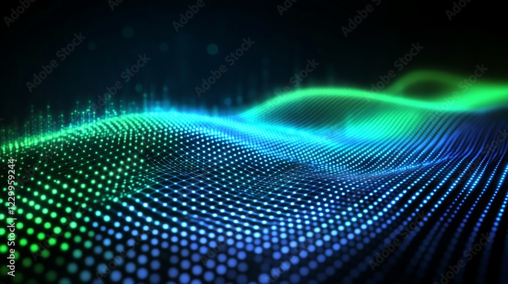 Poster a line graph with smooth curves and glowing data points on a dark digital grid, giving a futuristic 