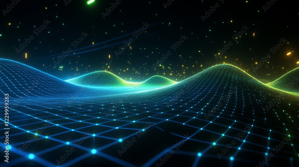 Poster a line graph with smooth curves and glowing data points on a dark digital grid, giving a futuristic 