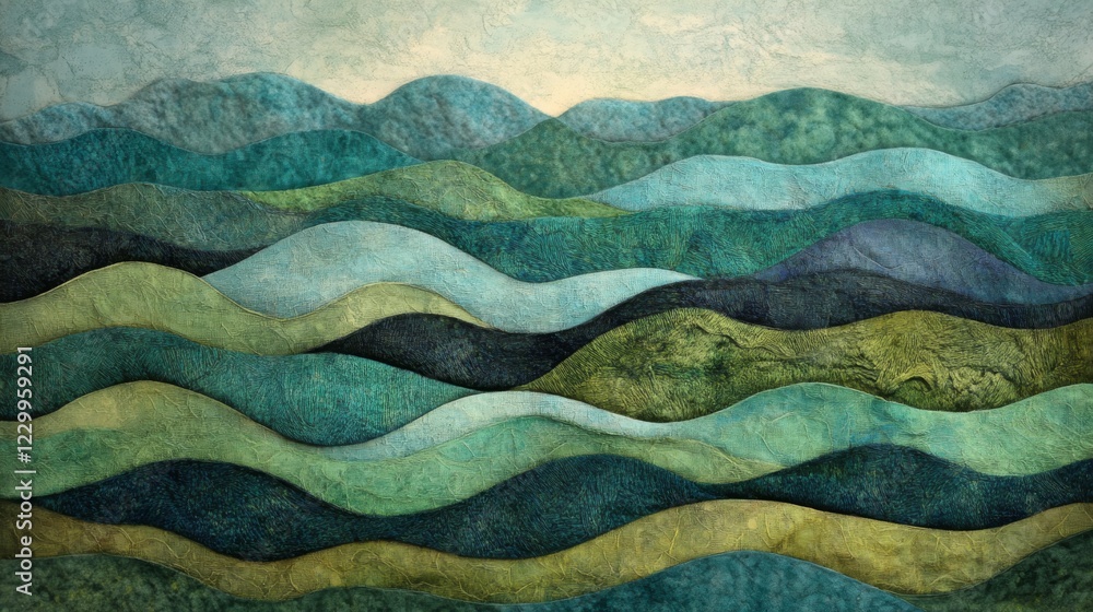 Poster a layered abstract background with soft waves of green and blue tones, creating a tranquil, ocean-in