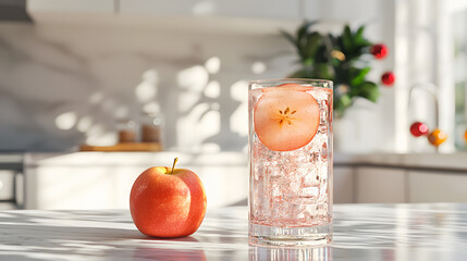 Sparkling apple water with ice in a glass on kitchen counter.