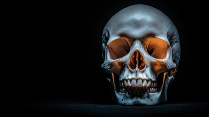 Fototapeta premium A detailed study of a human skull, highlighting its structure and features against a dark background, Suitable for educational materials, medical illustrations, or artistic projects,