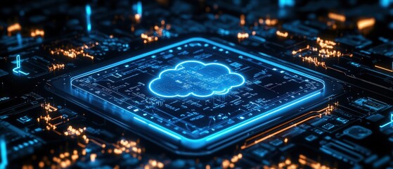 Blue cloud displayed on a black circuit board background with electronic components and connections