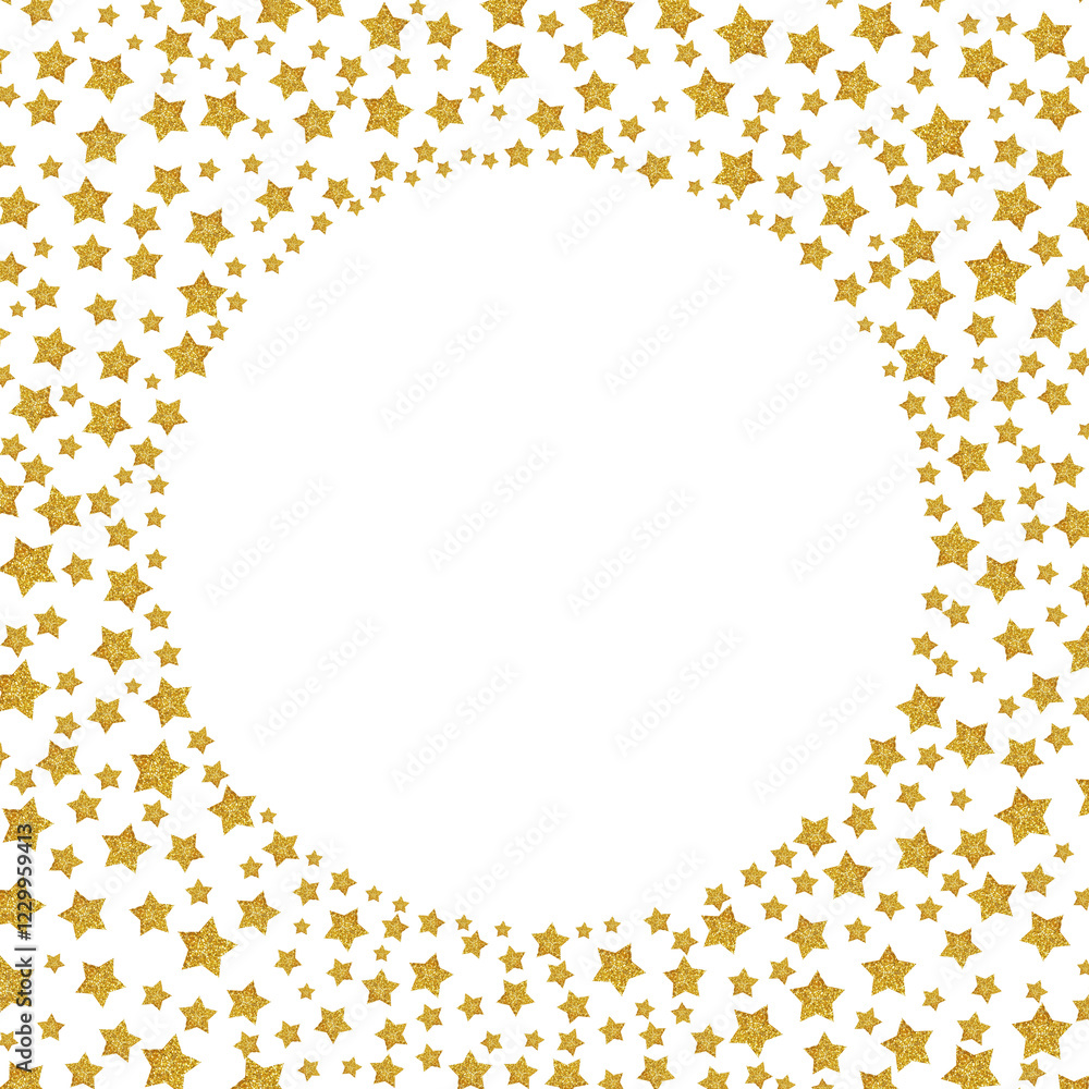 Poster a circle of gold stars with varying sizes, arranged to create a sparkling frame effect, leaving the 
