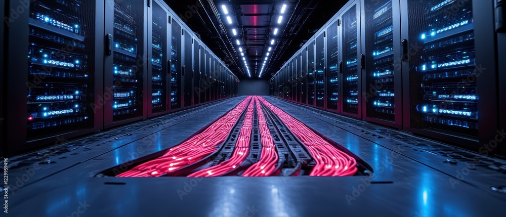 Poster long row of multiple computer servers in a data center with blinking lights and cables connected