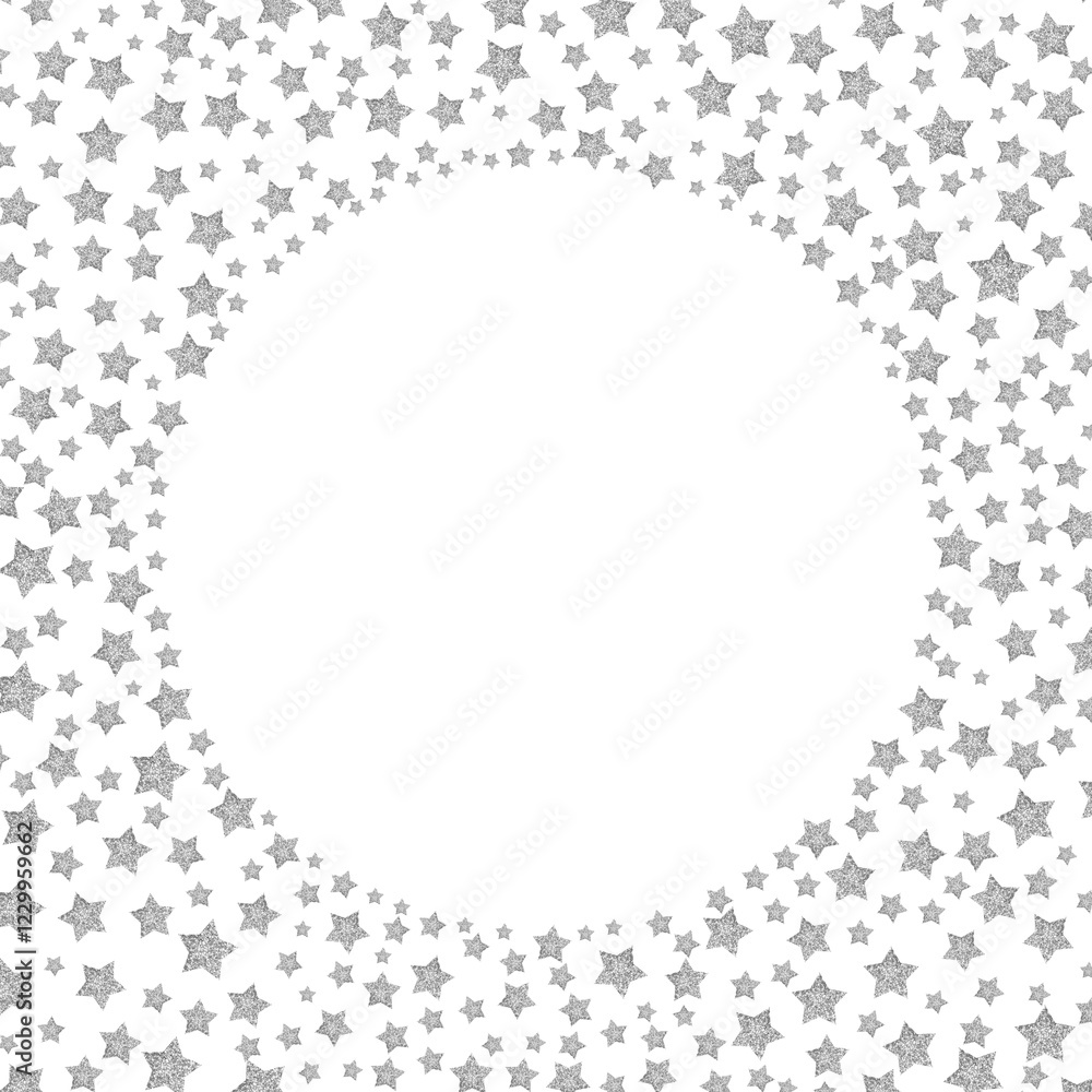 Poster a pattern of small silver stars arranged in a circle with stars denser at the edges and more spaced 
