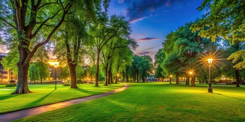 Night's embrace:  a dark green city park glade, tranquil grass and trees, serene low-light photography reveals urban nature.
