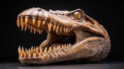 Obraz premium A dramatic close-up of a dinosaur skull replica showcases intricate details of its teeth and eye, perfect for educational materials, museums, or media about prehistoric life,