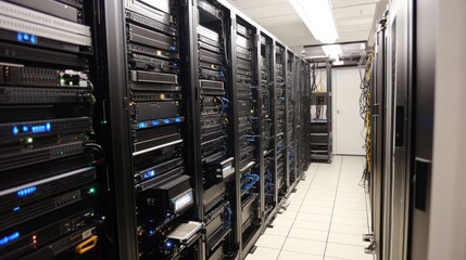Server room with multiple racks of network equipment.