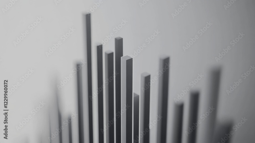 Poster a minimalist d bar graph with metallic bars in gray tones, set on a white reflective surface with cl