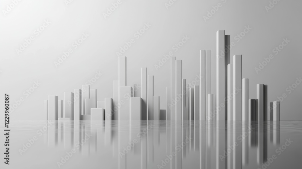 Poster a minimalist d bar graph with metallic bars in gray tones, set on a white reflective surface with cl