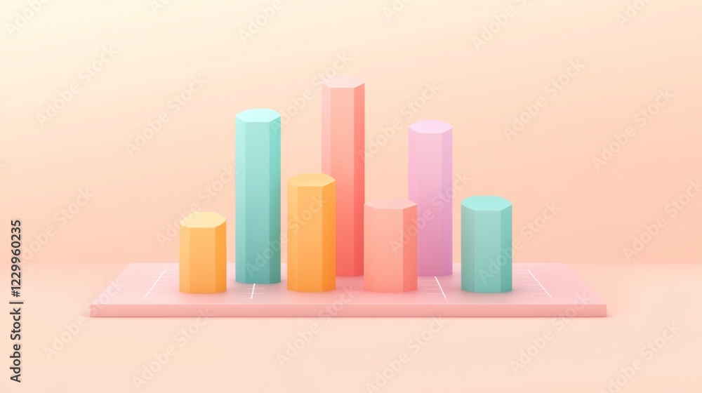 Fototapete A minimalist D bar graph with pastel-colored bars rising from a flat surface, with subtle shadows and axis labels, symbolizing smooth growth trends.