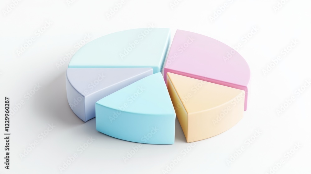 Aufkleber A minimalist D pie chart with pastel-colored slices, smoothly separated to reveal individual sections, placed on a clean white background.