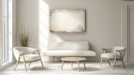 A minimalist living room design featuring a neutral color palette, sleek furniture, and a striking piece of artwork on the wall, creating a serene and stylish space.