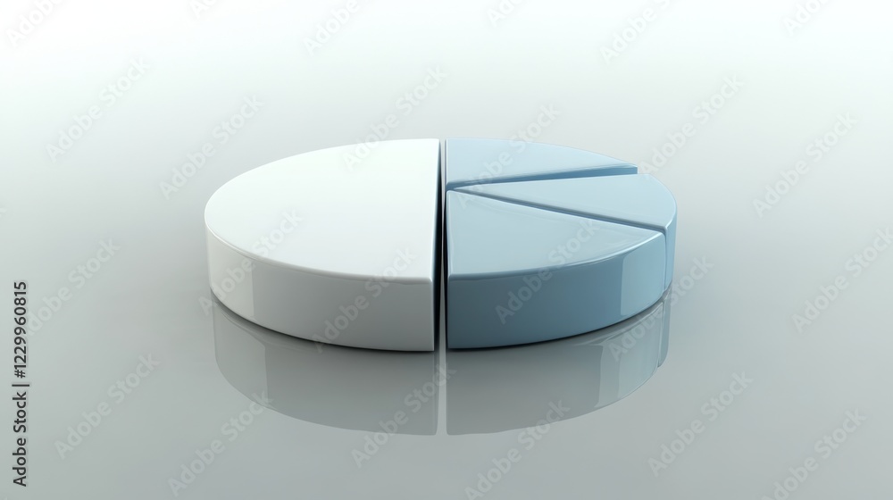 Aufkleber a minimalist pie chart with white and blue sections, slightly separated on a reflective gray backgro