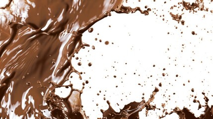 Dynamic brown colored coffee liquid splash with droplets isolated on white background