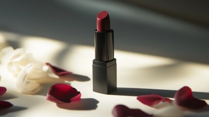 A minimalist setup featuring a single high-end lipstick with a sleek design, surrounded by soft petals and a subtle light, capturing luxury and elegance